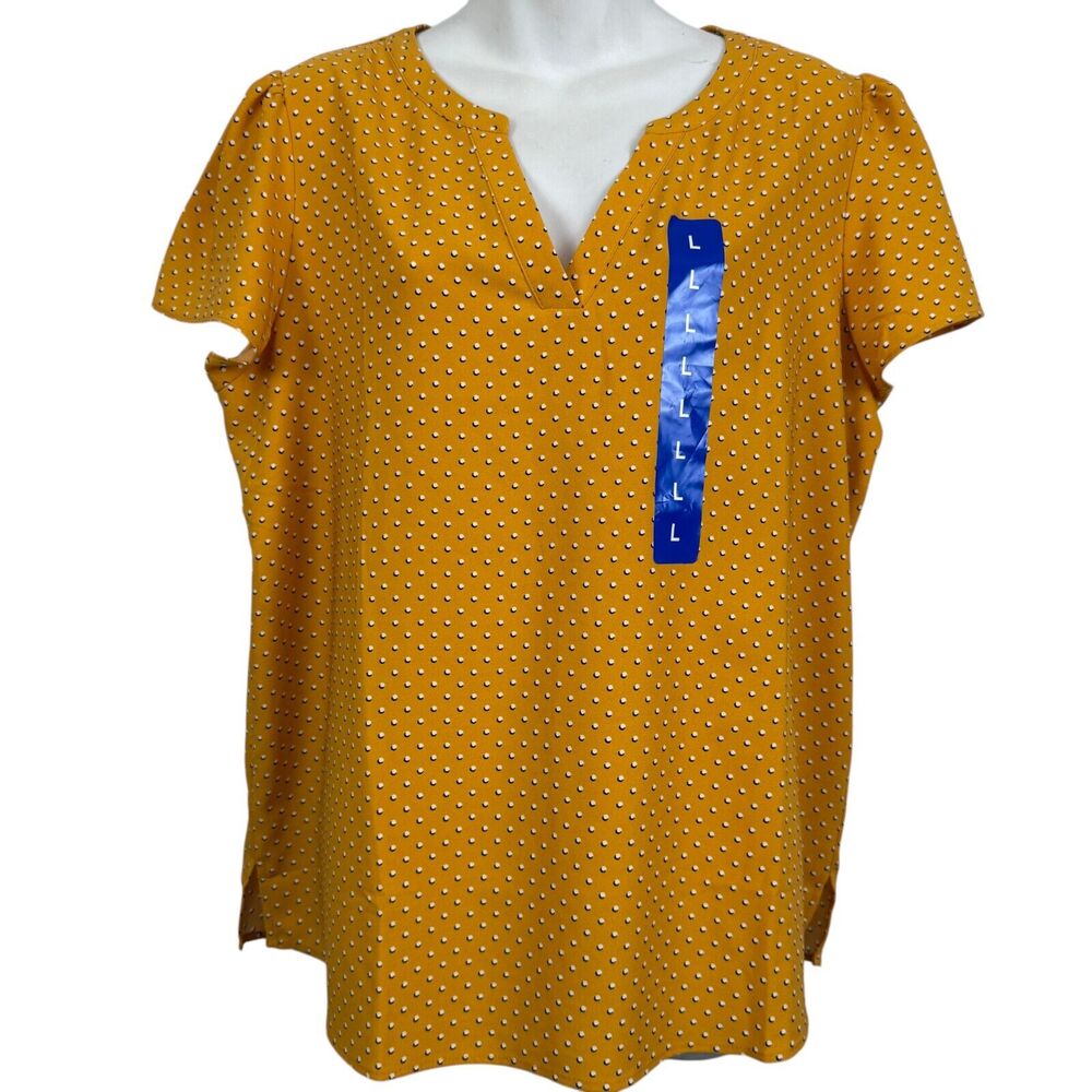Hilary Radley Womens Short Sleeve V-Neck Print Mustard Yellow Shirt Top NWT sz L